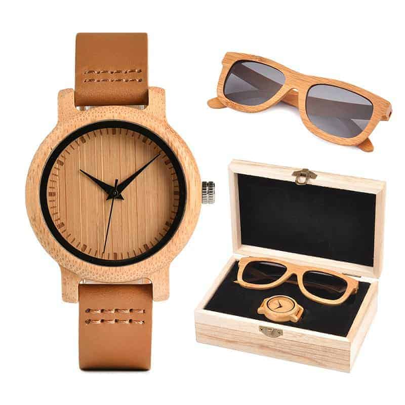 Bambus Herren Uhr Holz Sonnenbrillen Set Geschenkbox – A09-2