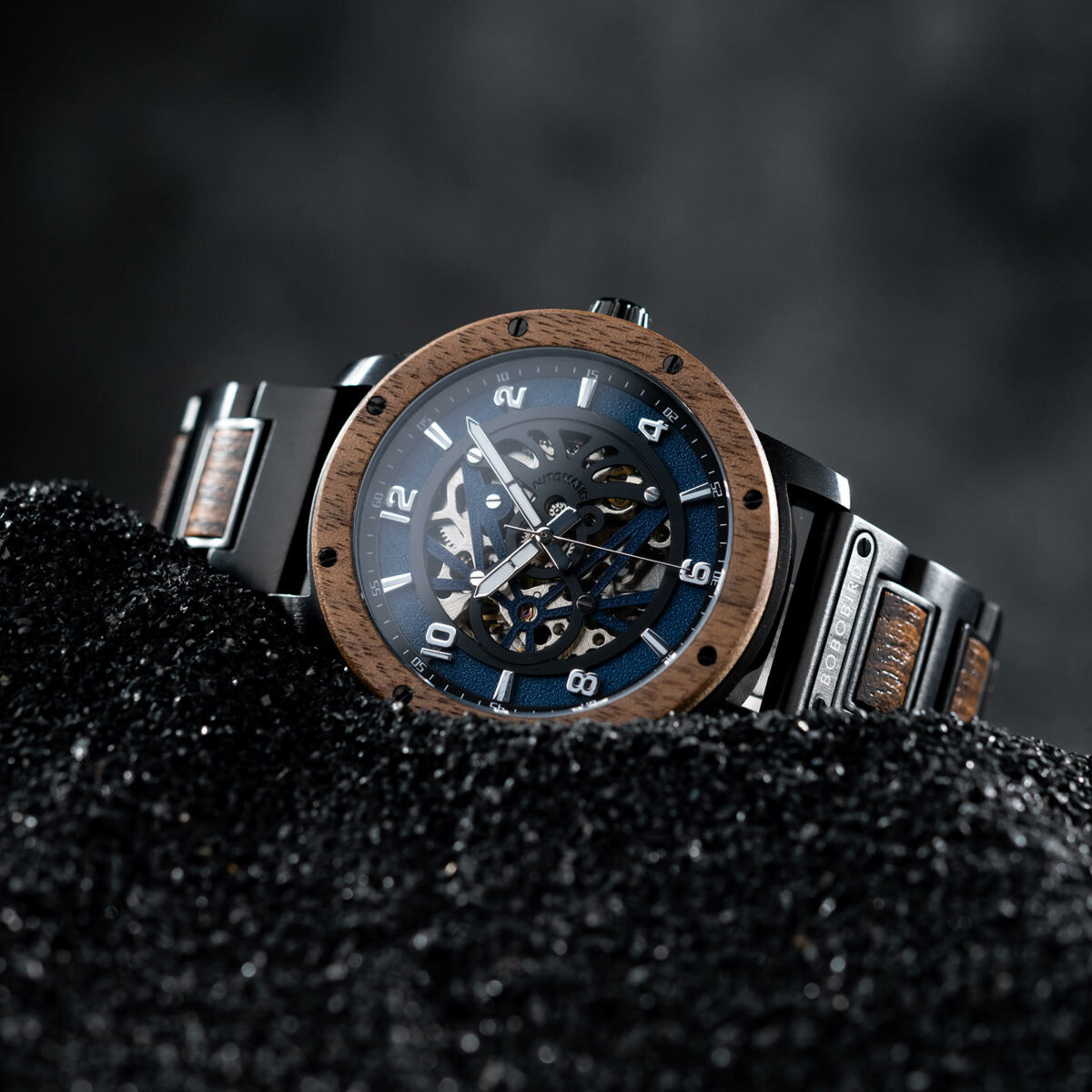 Skelett Uhren Automatikmechanisch Walnuss Blau – X