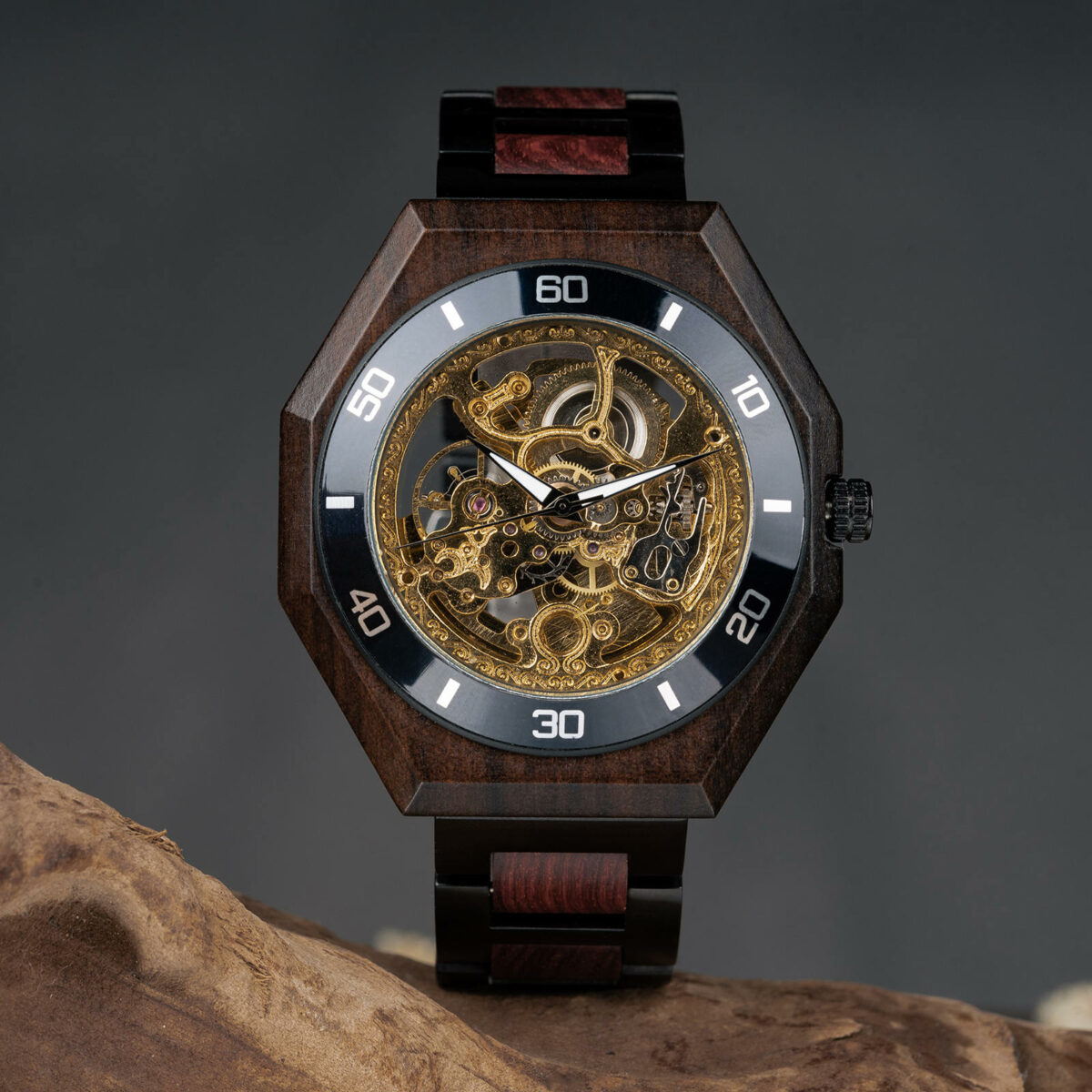 Holzuhren Walnuss Automatisch Skelett Mechanische Holz Uhr T91-1